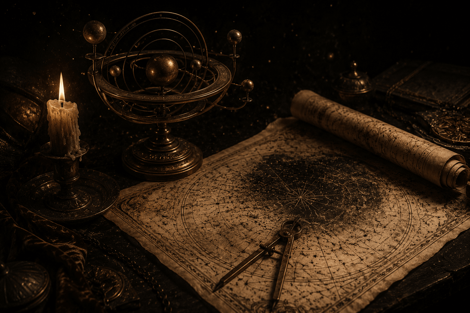 A brass orrery and antique star chart