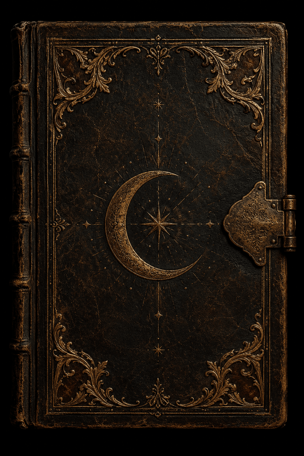 A tooled-leather grimoire cover, embossed with a gold crescent moon