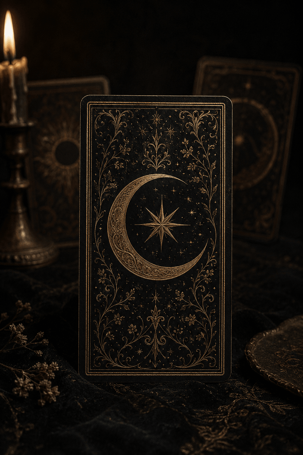 An ornate tarot card back — crescent moon, star and botanicals