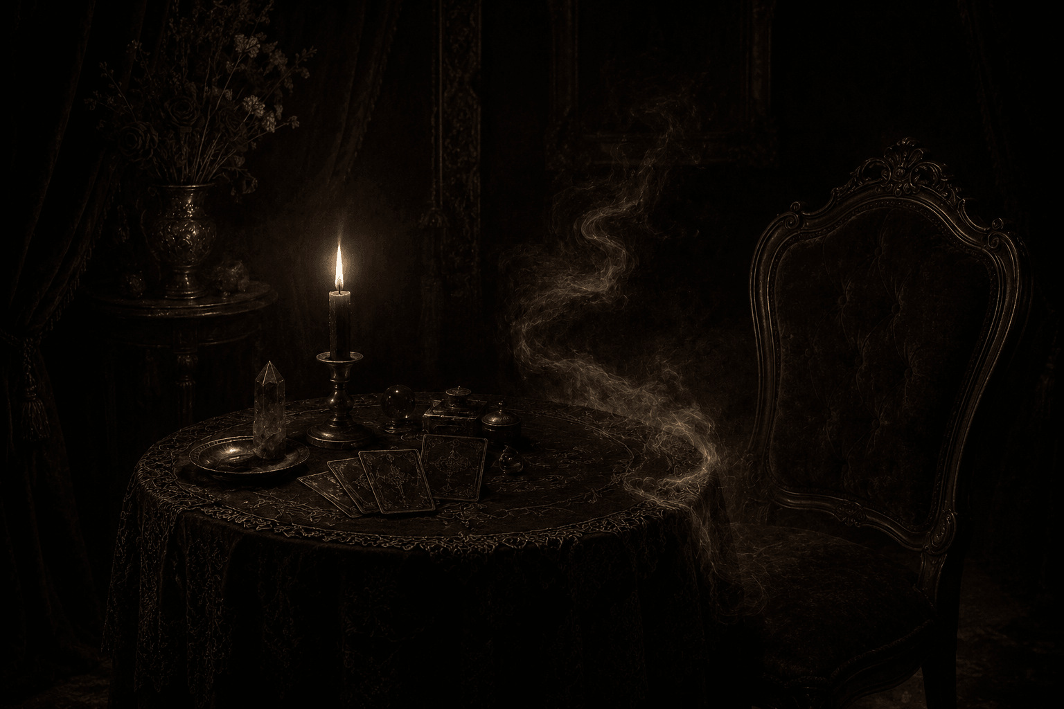 A seance table with one empty velvet chair