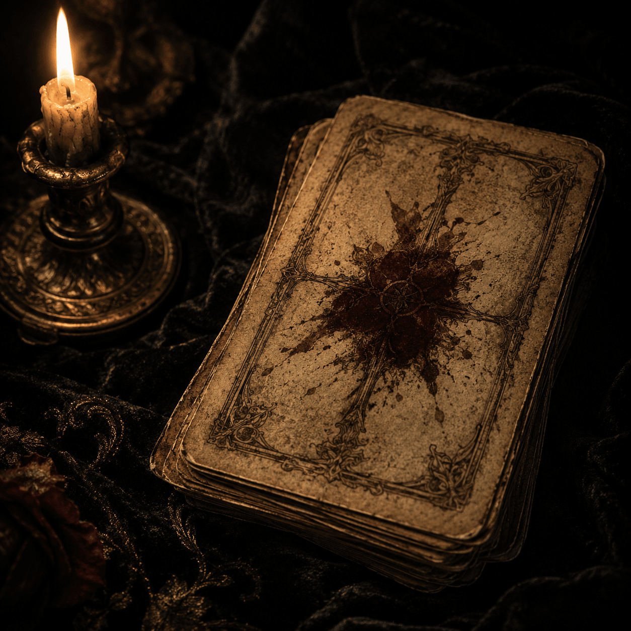 A worn stack of tarot cards on dark velvet
