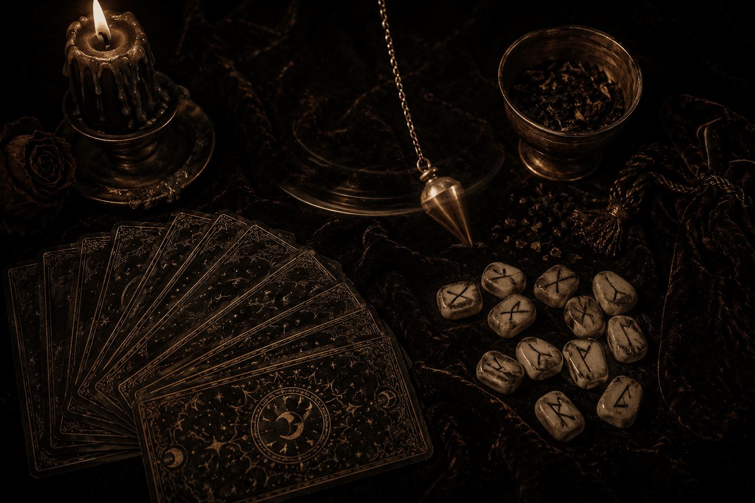 Divination tools scattered on dark velvet