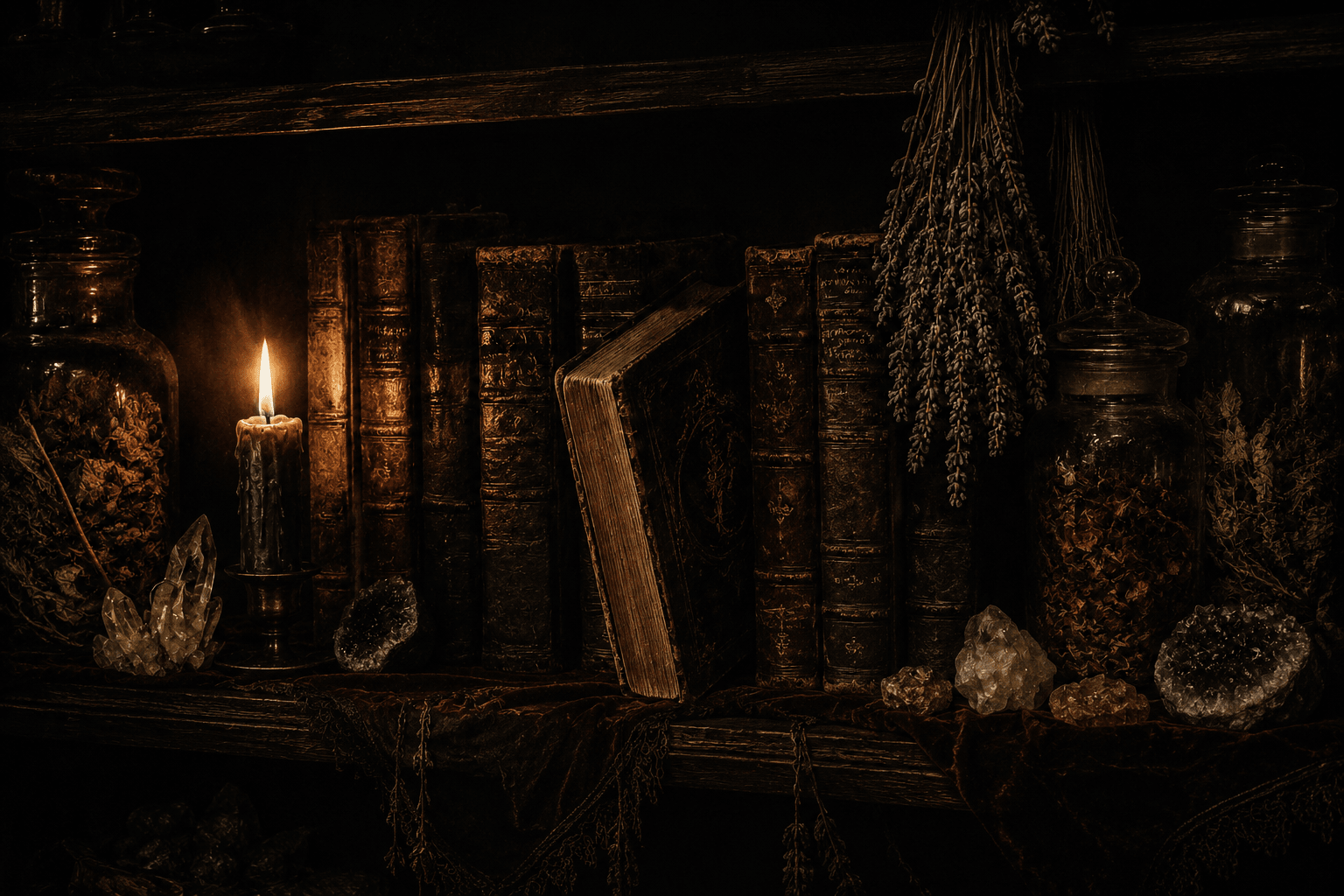 A candlelit shelf of ancient books and specimen jars