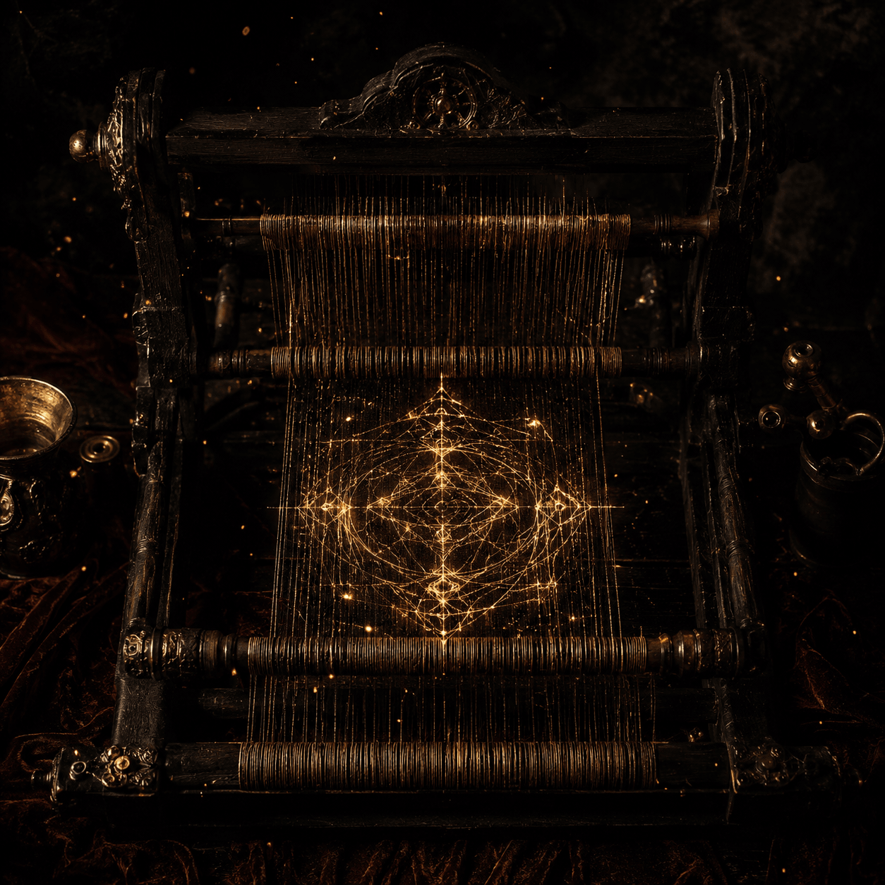 Threads of gold light weaving a glyph on a loom