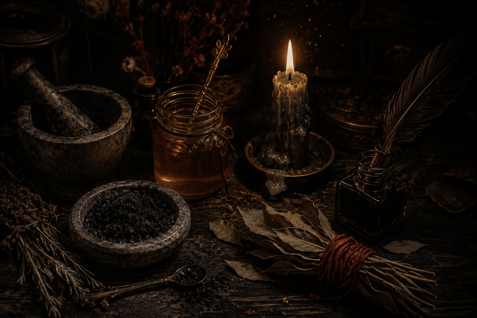 An apothecary workbench by candlelight