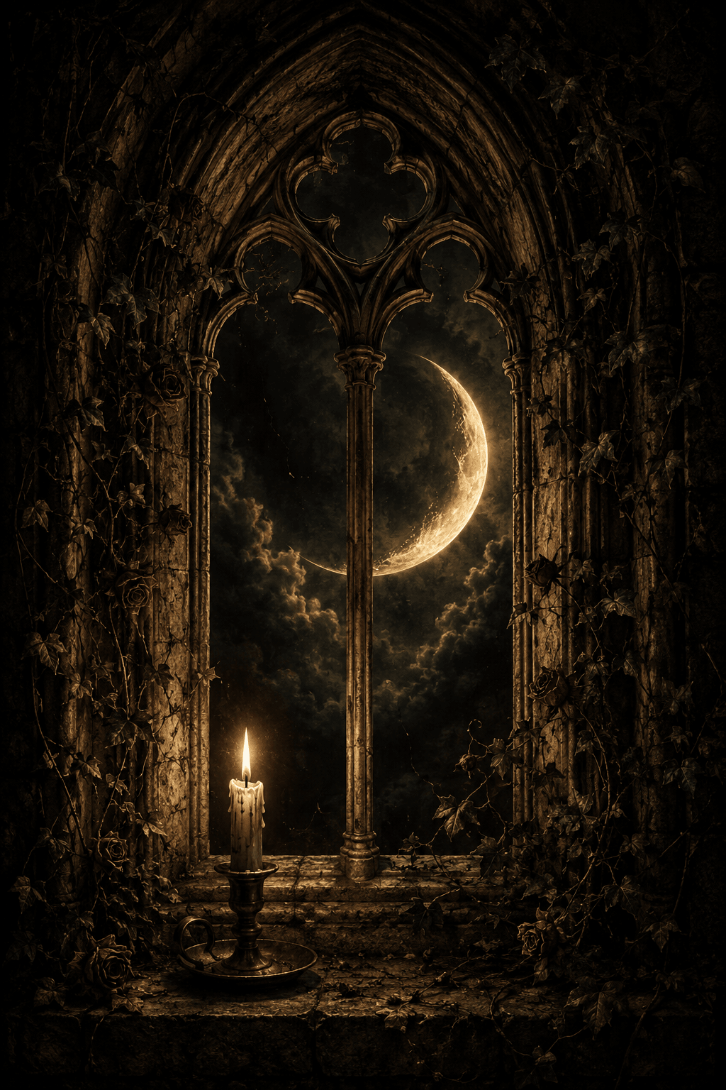 A gothic arch window framing a crescent moon, ivy and a lit candle