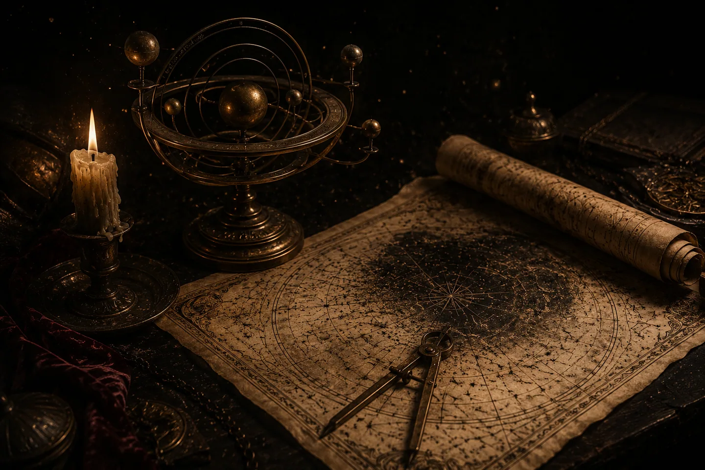 A brass orrery and antique star chart