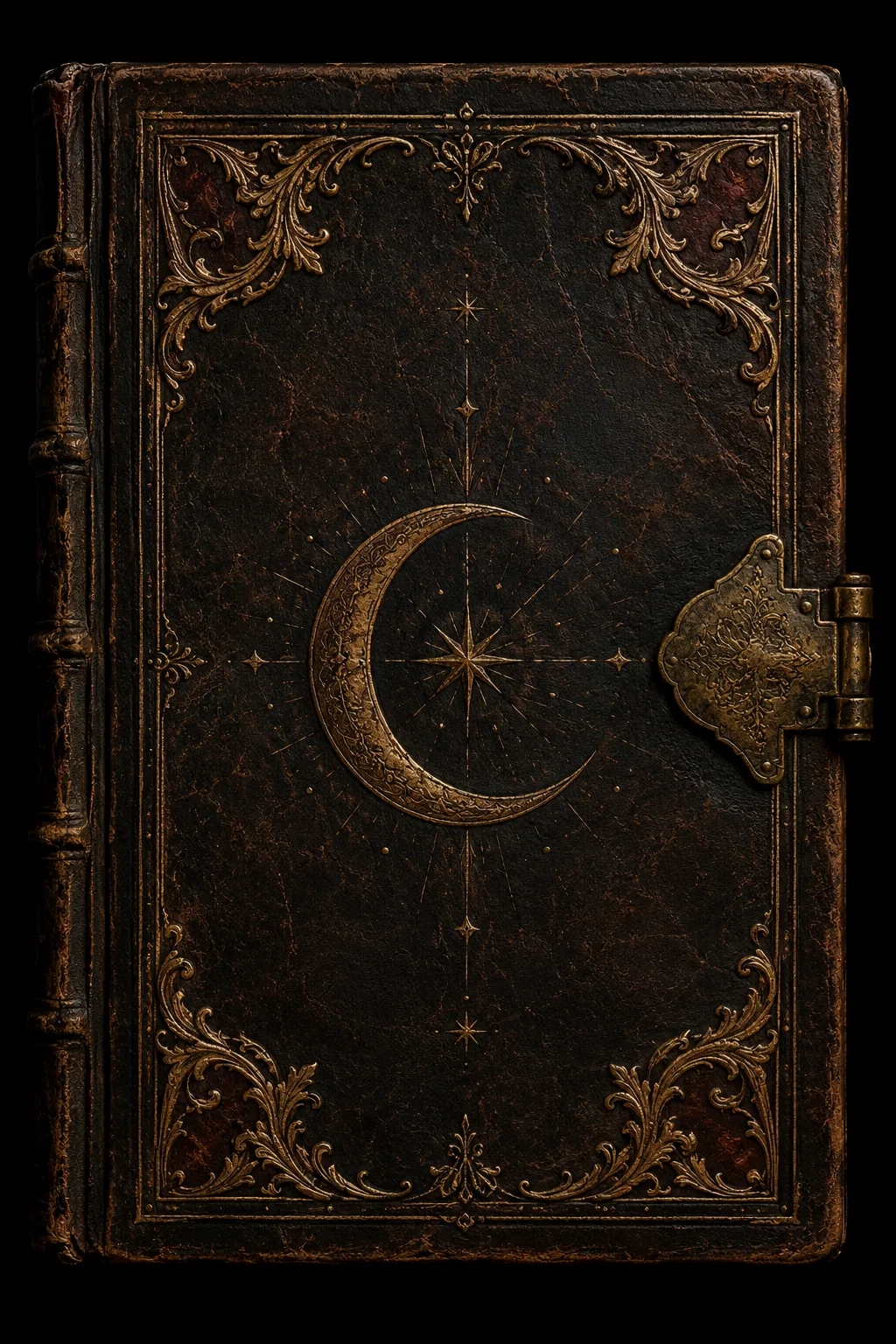 A tooled-leather grimoire cover, embossed with a gold crescent moon