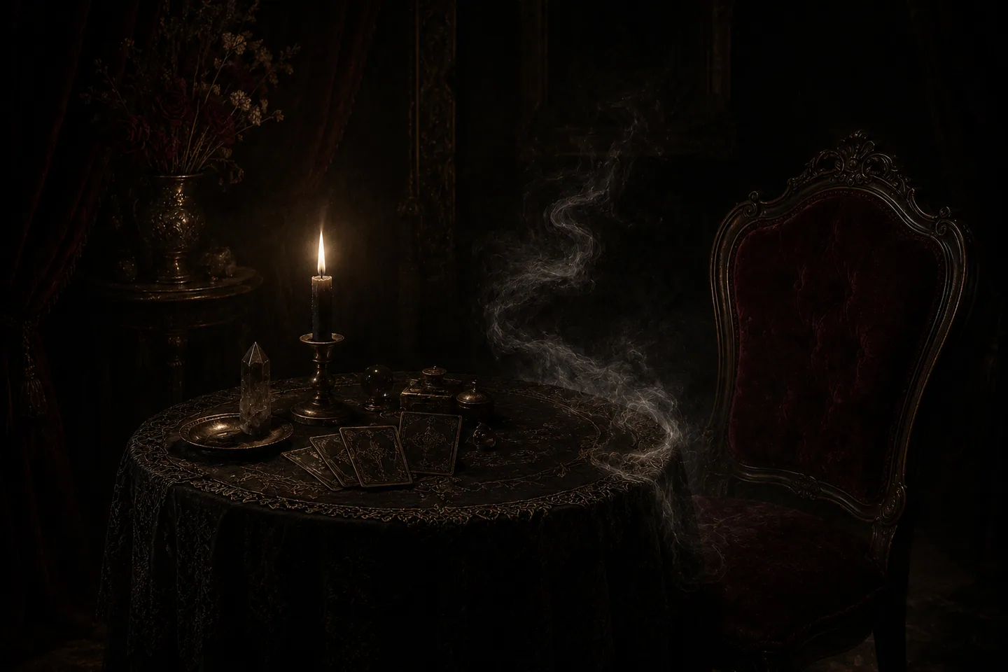 A seance table with one empty velvet chair