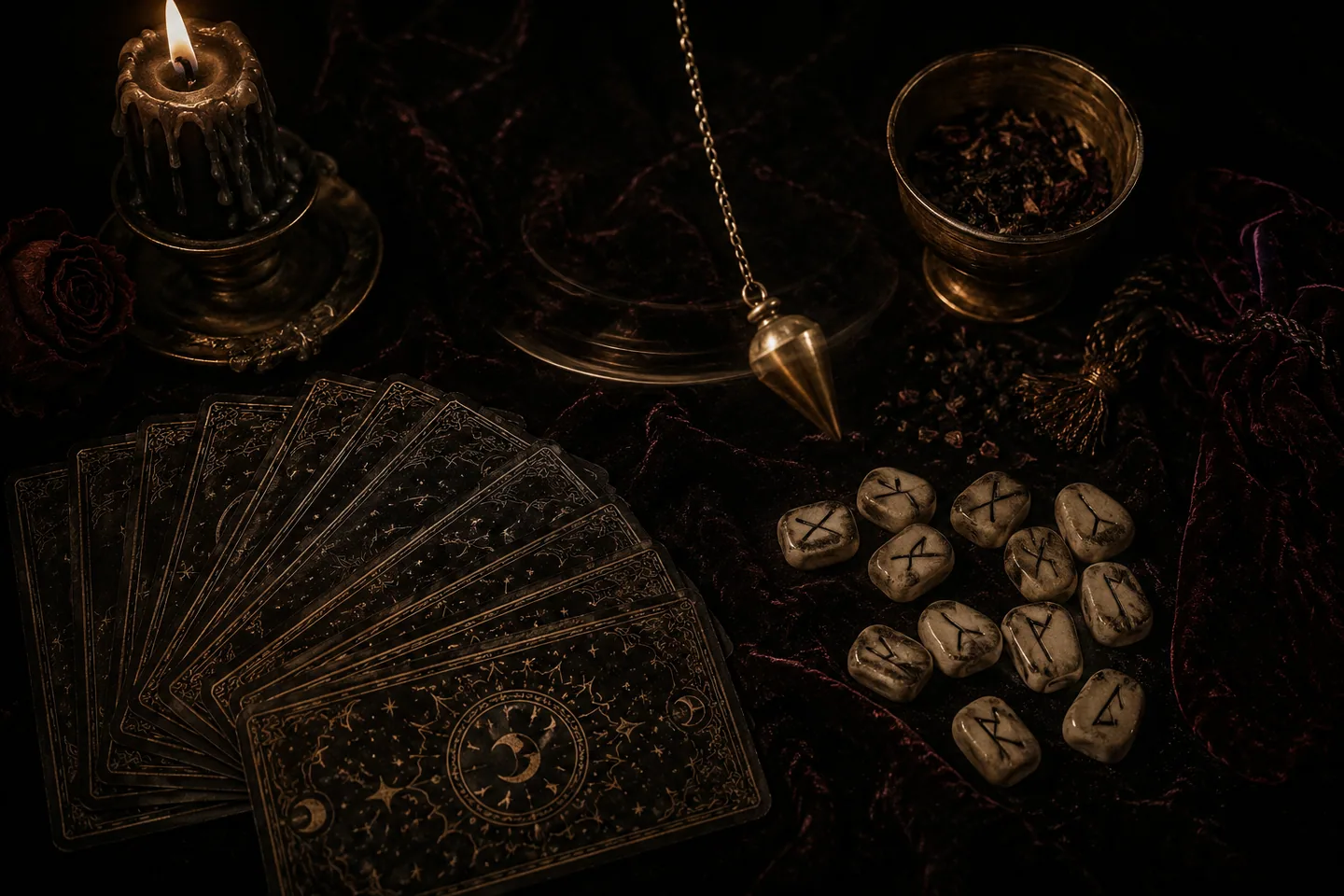 Divination tools scattered on dark velvet
