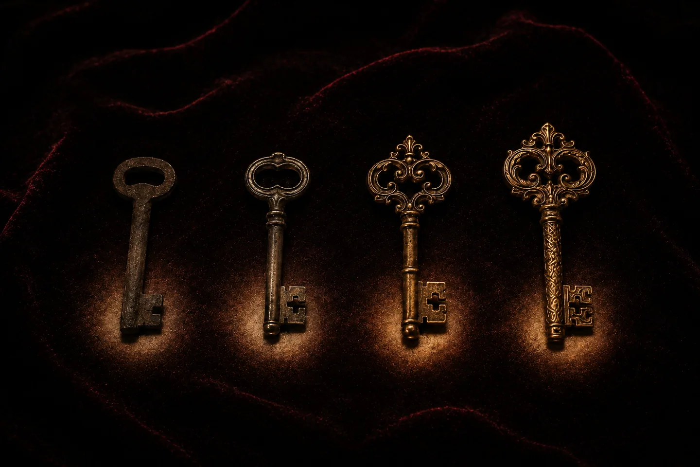Four antique keys ascending from iron to gold