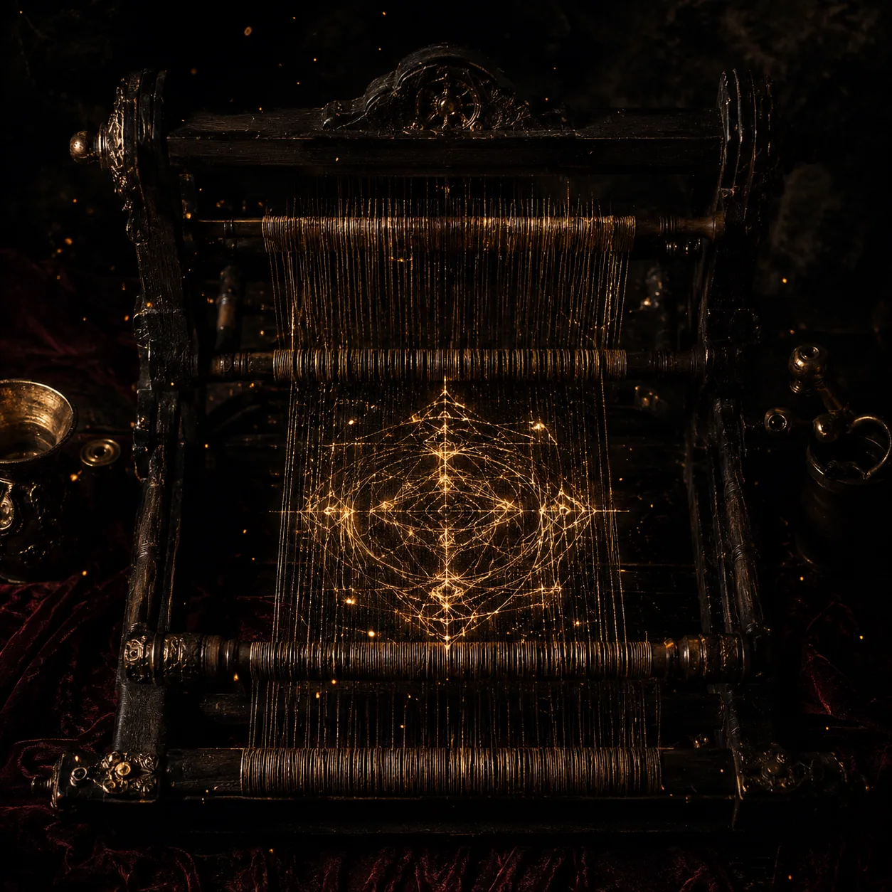 Threads of gold light weaving a glyph on a loom